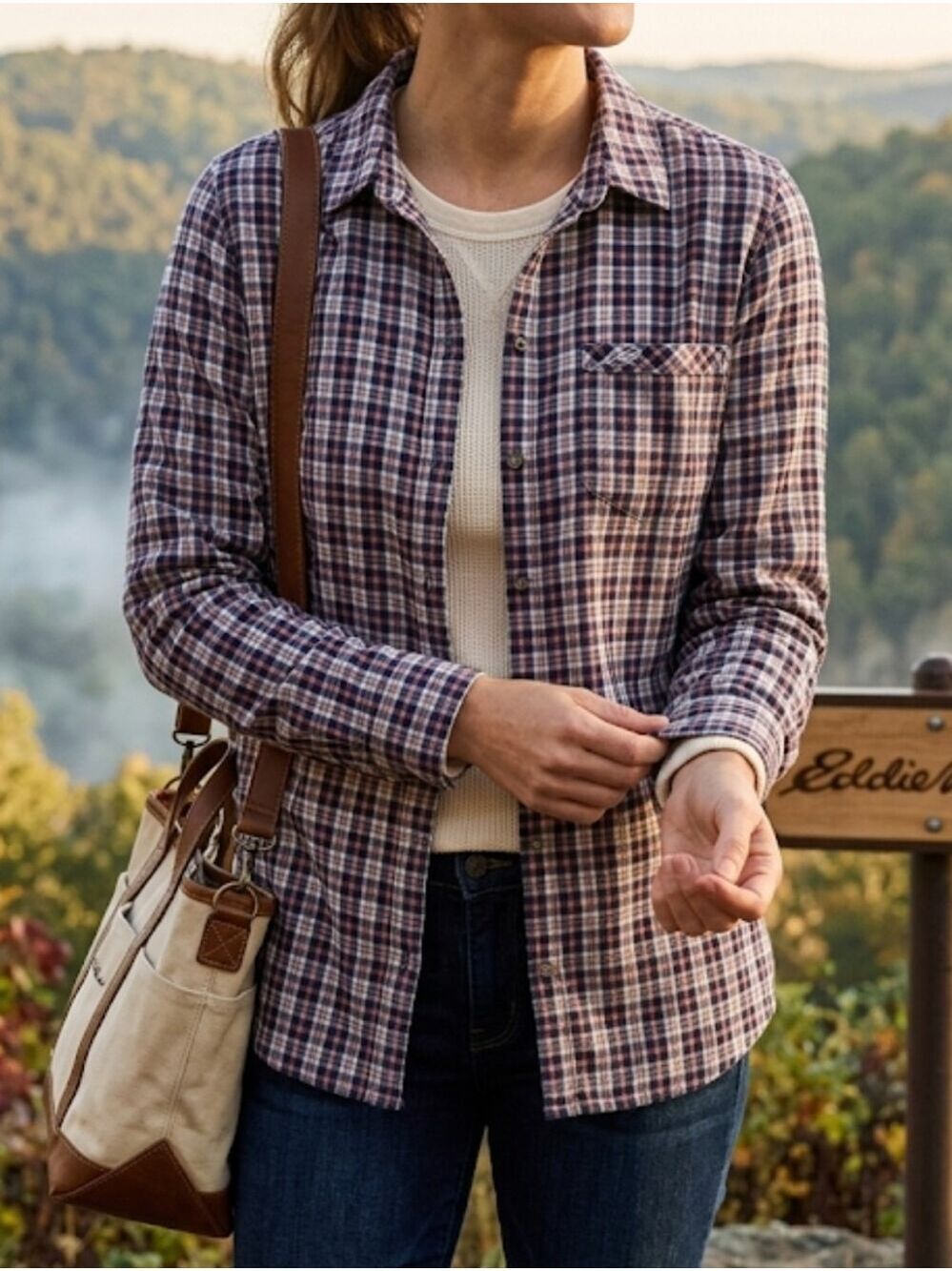Eddie Bauer Women's Plaid Button-Down Shirt, Size 2XL, Lightweight Navy Red